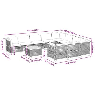 vidaXL 11-osaline aiadiivani komplekt patjadega, must, polürotang