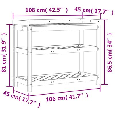 vidaXL riiulitega istutuslaud, valge, 108 x 45 x 86,5 cm, männipuit