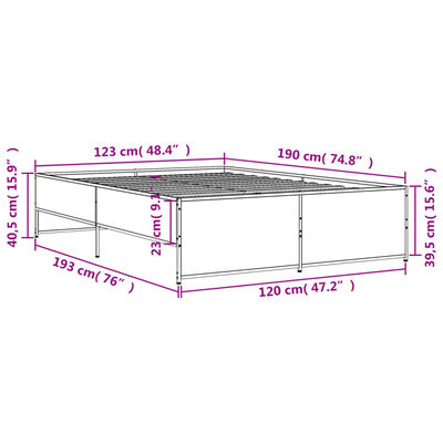 vidaXL voodiraam, suitsutatud tamm, 120 x 190 cm, tehispuit ja metall