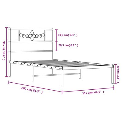 vidaXL metallist voodiraam peatsiga, valge, 107x203 cm