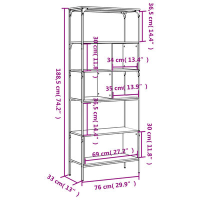 vidaXL raamaturiiul 5 korrust, pruun tamm, 76x33x188,5 cm, tehispuit