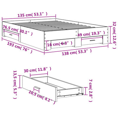 vidaXL voodiraam sahtlitega, must, 135x190 cm, tehispuit