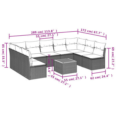 vidaXL 10-osaline aiadiivani komplekt patjadega, hall, polürotang