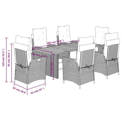 vidaXL 7-osaline aiamööblikomplekt patjadega, must, polürotang