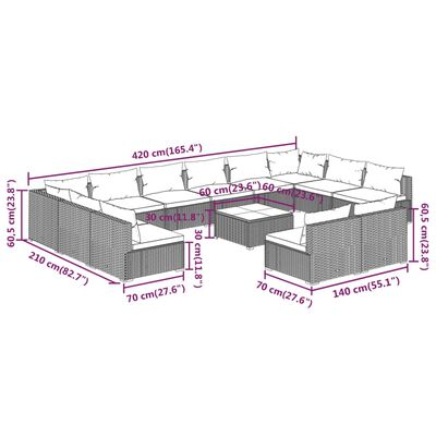 vidaXL 13-osaline aiamööblikomplekt patjadega, must, polürotang