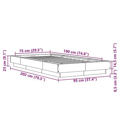 vidaXL voodiraam LED-tuledega, Sonoma tamm, 75x190 cm, tehispuit