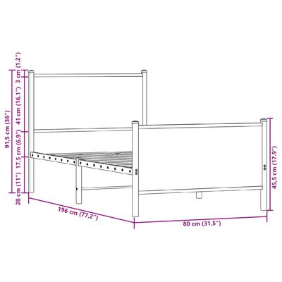 vidaXL metallist voodiraam ilma madratsita suitsutatud tamm 75x190 cm