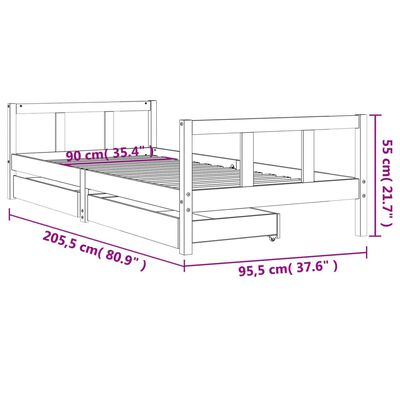 vidaXL lastevoodi raam sahtlitega, valge, 90 x 200 cm, männipuit