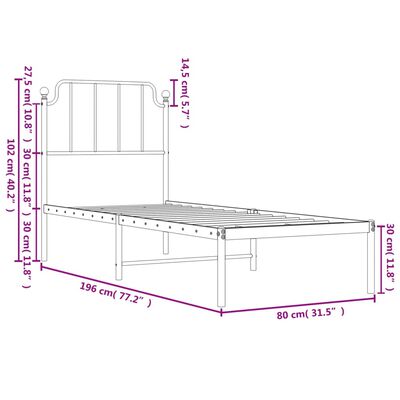 vidaXL metallist voodiraam peatsiga, ilma madratsita, valge, 75x190 cm