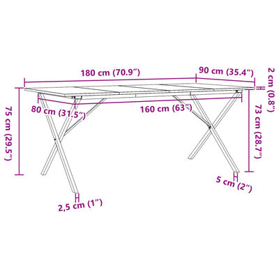 vidaXL söögilaud, X-raam, 180 x 90 x 75 cm, männipuit ja malm