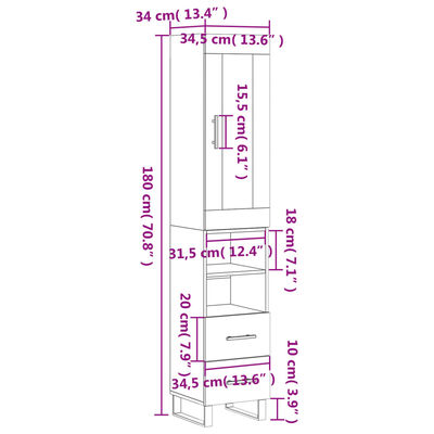 vidaXL kõrge kapp, suitsutatud tamm, 34,5x34x180 cm, tehispuit