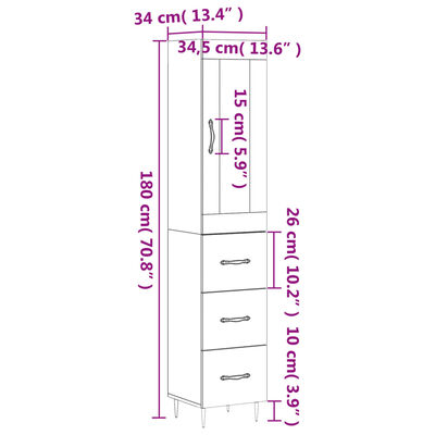 vidaXL kõrge kapp, suitsutatud tamm, 34,5x34x180 cm, tehispuit