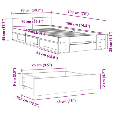 vidaXL voodiraam sahtlitega, pruun tamm, 75x190 cm, tehispuit