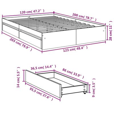 vidaXL voodiraam sahtlitega, hall Sonoma tamm, 120 x 200 cm, tehispuit