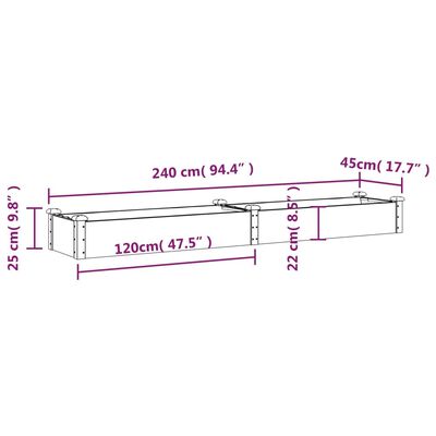 vidaXL voodriga aia taimelava, pruun, 240 x 45 x 25 cm, nulupuit