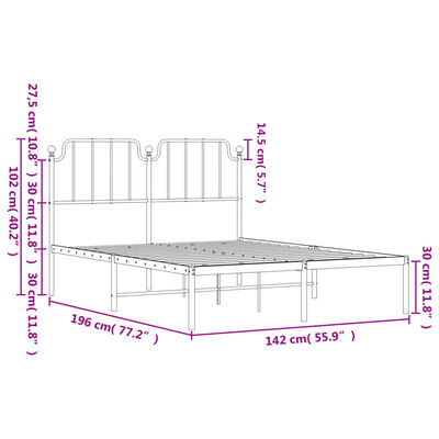 vidaXL metallist voodiraam peatsiga, valge, 135x190 cm