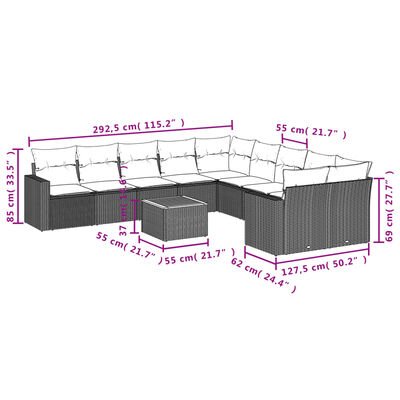 vidaXL 11-osaline aiadiivani komplekt patjadega, hall, polürotang