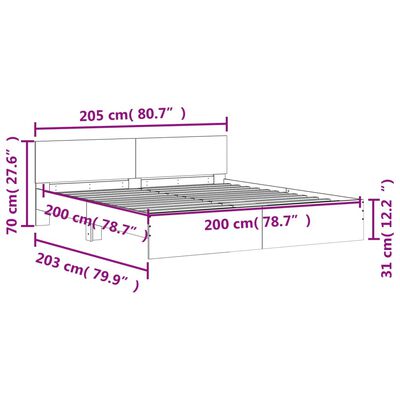 vidaXL LED-tulede ja peatsiga voodiraam,hall Sonoma tamm, 200 x 200 cm