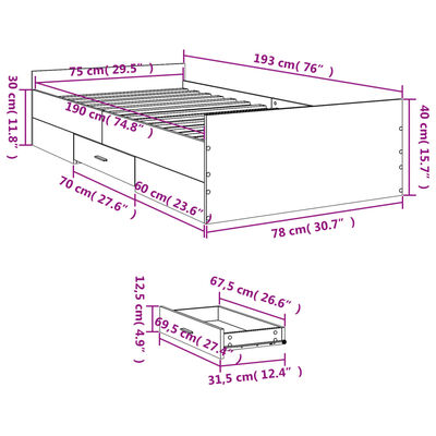 vidaXL voodiraam sahtlitega, Sonoma tamm, 75x190 cm, tehispuit