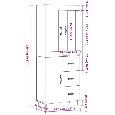 vidaXL kõrge kapp, hall Sonoma tamm, 69,5 x 34 x 180 cm, tehispuit