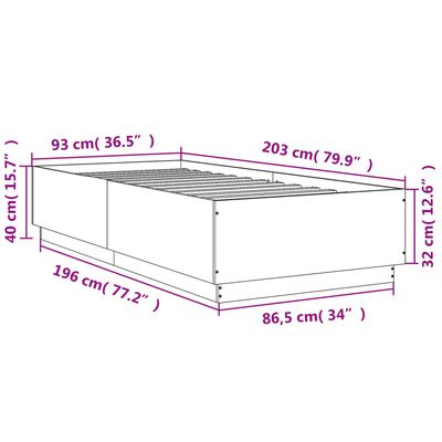 vidaXL voodiraam LED-tuledega, betoonhall, 90 x 200 cm, tehispuit