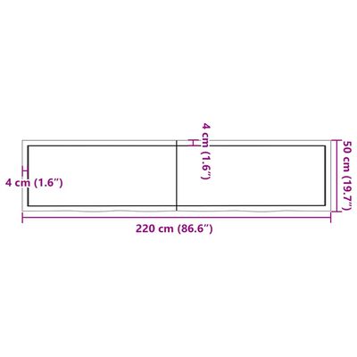 vidaXL lauaplaat, 220x50x(2-4) cm, töötlemata tammepuit