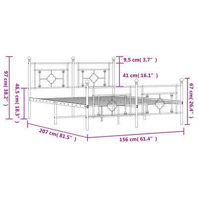 vidaXL metallist voodiraam peatsi ja jalutsiga, valge, 150 x 200 cm