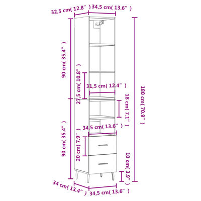 vidaXL kõrge kapp, hall Sonoma tamm, 34,5x34x180 cm, tehispuit