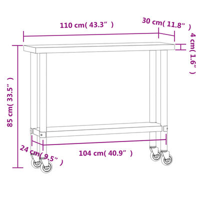 vidaXL köögi töölaud ratastega, 110x30x85 cm, roostevaba teras