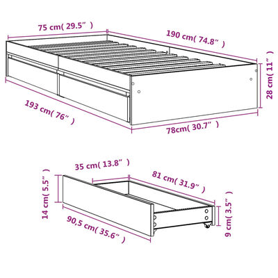 vidaXL voodiraam sahtlitega, hall Sonoma tamm, 75x190 cm, tehispuit