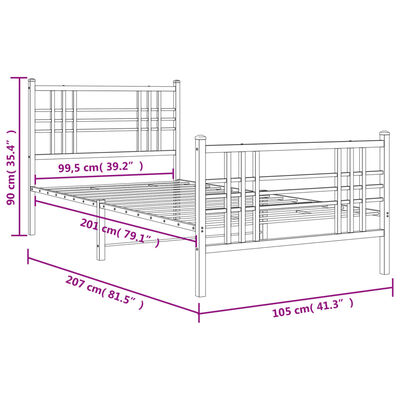 vidaXL metallist voodiraam peatsi ja jalutsiga, valge, 100x200 cm