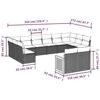 vidaXL 12-osaline aiadiivani komplekt patjadega, must, polürotang