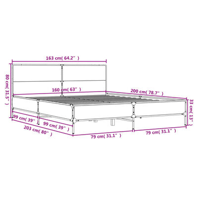 vidaXL voodiraam, suitsutatud tamm, 160 x 200 cm, tehispuit ja metall