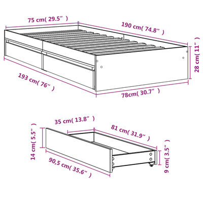 vidaXL voodiraam sahtlitega, Sonoma tamm, 75x190 cm, tehispuit