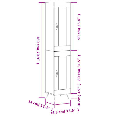 vidaXL kõrge kapp, hall Sonoma tamm, 34,5x34x180 cm, tehispuit