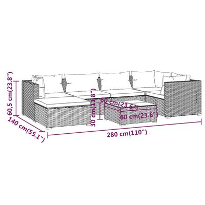 vidaXL 7-osaline aiamööblikomplekt patjadega, polürotang, must