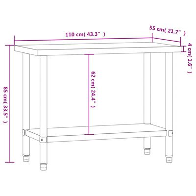 vidaXL köögi töölaud, 110 x 55 x 85 cm, roostevaba teras