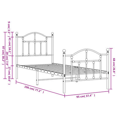 vidaXL metallist voodiraam peatsi ja jalutsiga, must, 90x190 cm