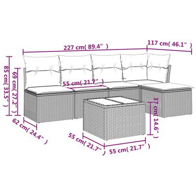 vidaXL 6-osaline aiadiivani komplekt patjadega, beež, polürotang