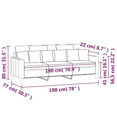 vidaXL 3-kohaline diivan, helehall, 180 cm, samet