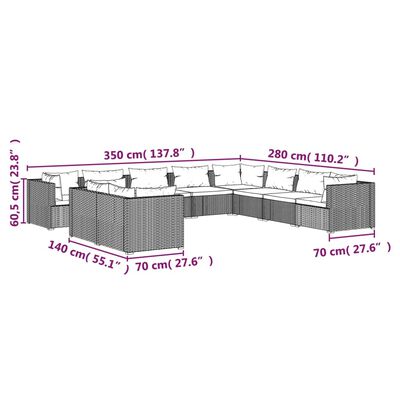 vidaXL 10-osaline aiamööbli komplekt patjadega, pruun, polürotang