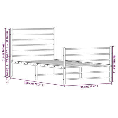 vidaXL metallist voodiraam peatsi ja jalutsiga, valge, 90 x 190 cm