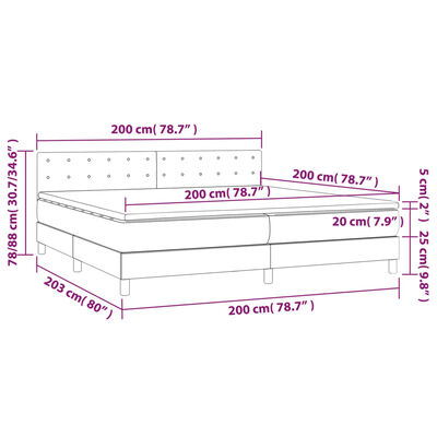 vidaXL kontinentaalvoodi madrats ja LED, helehall, 200x200 cm, samet