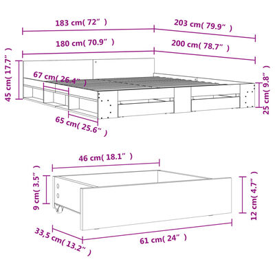 vidaXL voodiraam sahtlitega, hall Sonoma tamm, 180 x 200 cm, tehispuit