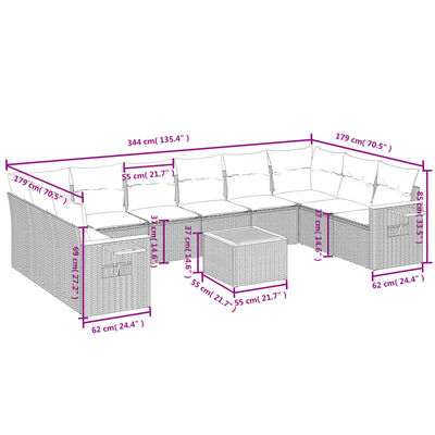 vidaXL 11-osaline aiadiivani komplekt patjadega, hall, polürotang