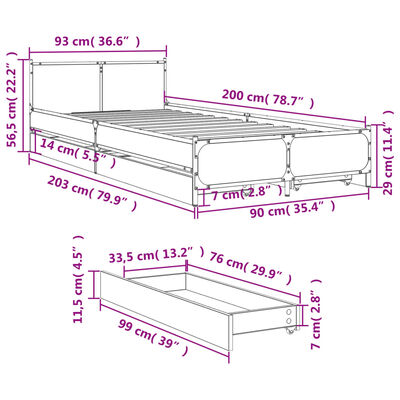 vidaXL voodiraam sahtlitega, must, 90 x 200 cm, tehispuit