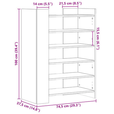 vidaXL jalatsikapp, Sonoma tamm, 74,5 x 37,5 x 100 cm, tehispuit