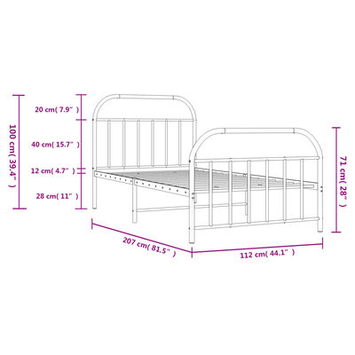 vidaXL metallist voodiraam peatsi ja jalutsiga, valge, 107x203 cm