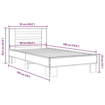 vidaXL voodiraam, suitsutatud tamm, 90 x 190 cm, tehispuit ja metall