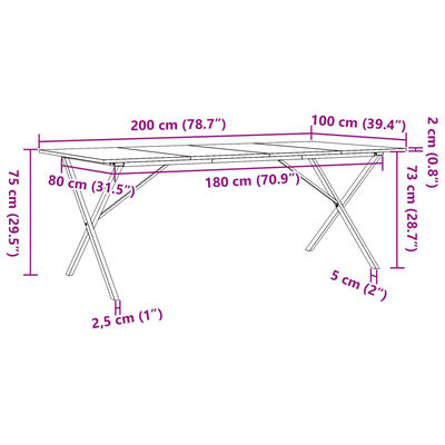 vidaXL söögilaud, X-raam, 200 x 100 x 75 cm, männipuit ja malm